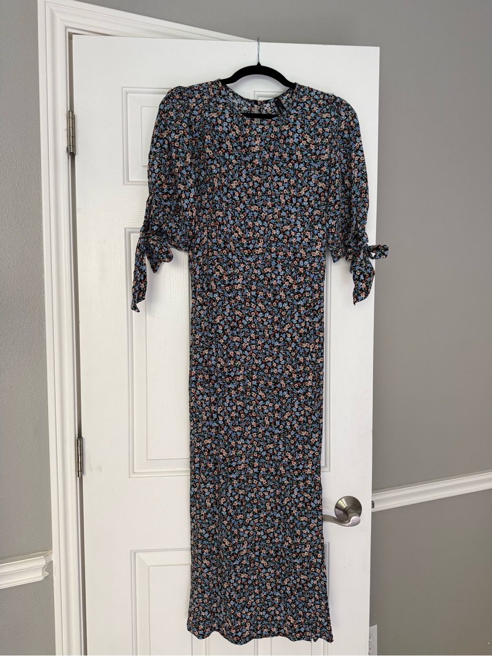 Floral Tie-Sleeve Maxi Dress in Black with Blue and Peach Blooms